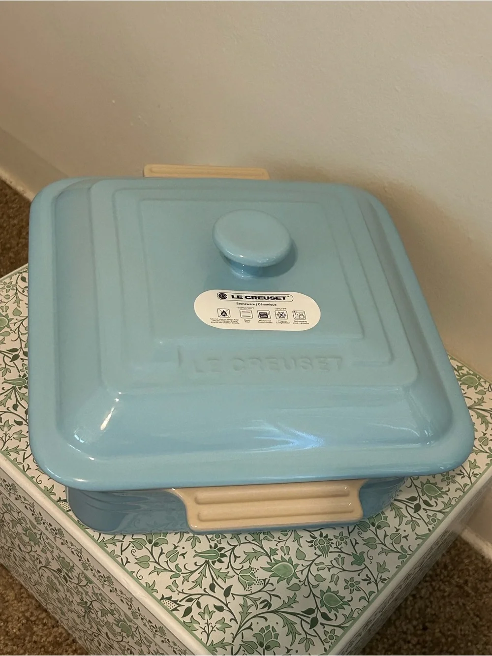 Le Creuset Light Blue Square Covered Casserole Dish with Cream Handles